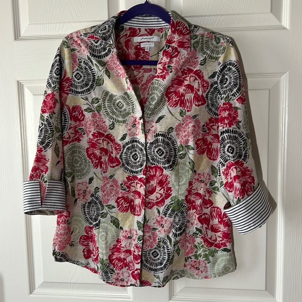 Foxcroft NYC Summer Floral Print‎ Cotton Shirt Wrinkle Free, Sz 10 Fitted